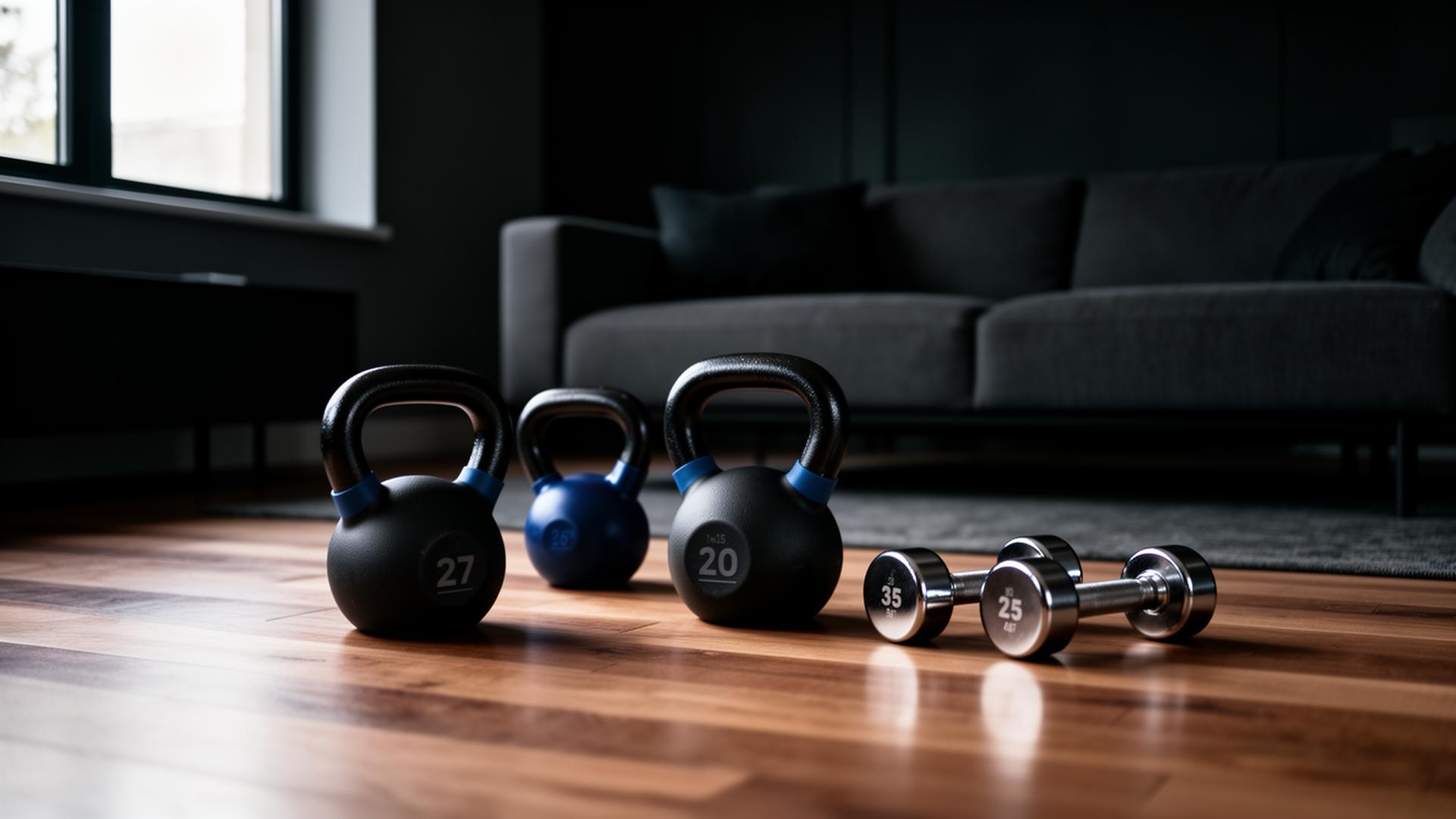 Kettlebell e manubri pronti per l'allenamento in un soggiorno a casa